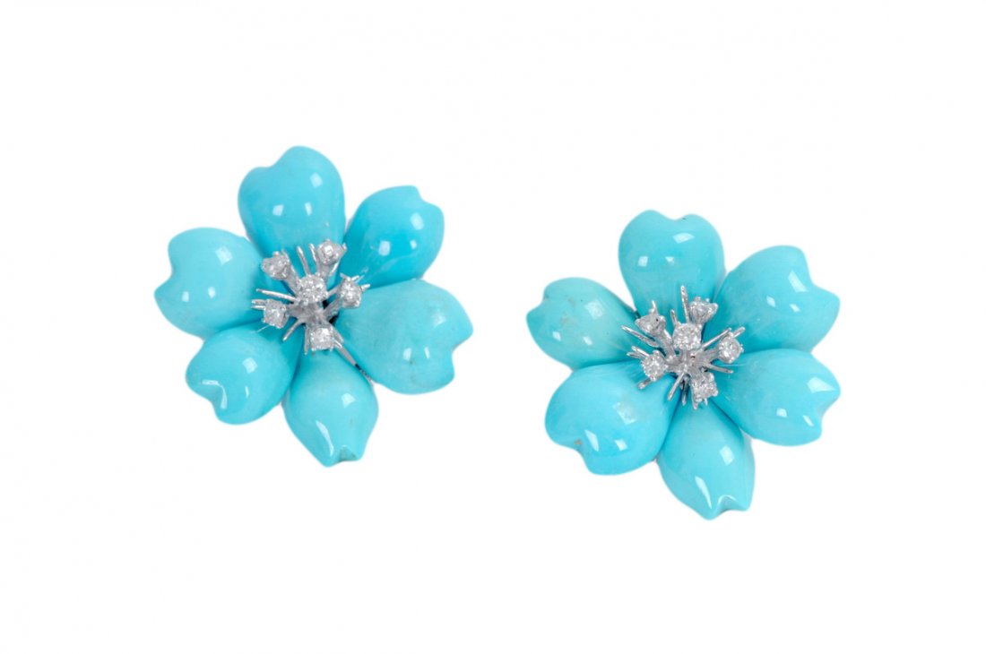 PAIR OF 18K WHITE GOLD, TURQUOISE & DIAMOND EARCLIPS (1 of 2)
