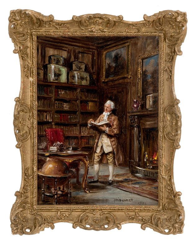 FRANK MOSS BENNETT: "IN THE PEACE OF THE LIBRARY": circa 1931 oil on panel signed and dated lower right 14 x 10 inches