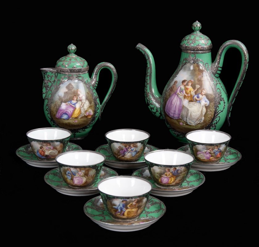 SEVRES PORCELAIN FOURTEEN-PIECE SILVER OVERLAY COFFEE (1 of 7)