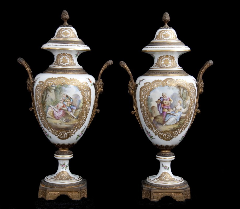 PAIR OF SEVRES PORCELAIN COVERED URNS (1 of 4)