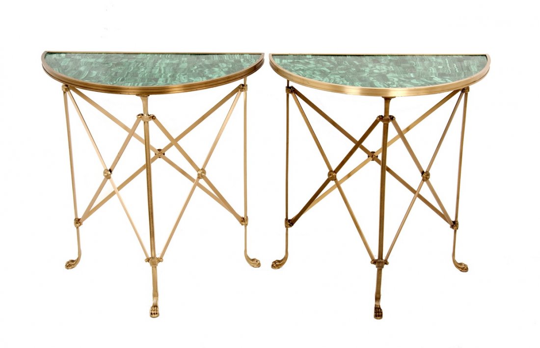 PAIR OF NEOCLASSICAL DORE BRONZE & MALACHITE DEMI-LUNE (1 of 2)