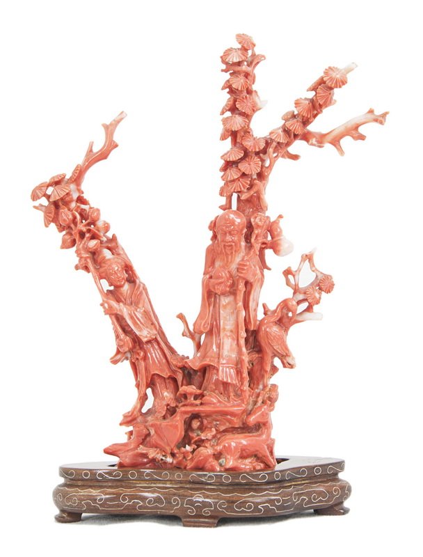 CHINESE CARVED CORAL GROUP OF TWO BRANCHES AND FIGURES (1 of 8)