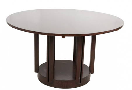 ELIEL SAARINEN FOR JOHNSON FURNITURE: WOOD PEDESTAL: circa 1941; from Flexible Home Arrangements collection having a round top and smaller round base joined on six supports Provenance: Rago Auction, April 25, 2010 [lot 630] Condition: with loss to venee