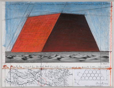 CHRISTO & JEANNE-CLAUDE: "ABU DHABI MASTABA": "ABU DHABI MASTABA (PROJECT FOR UNITED ARAB EMIRATES)"circa 2010 pencil, charcoal, oil stick, collaged aerial map and photograph on board signed and dated verso Provenance: The Estate of David Copley,