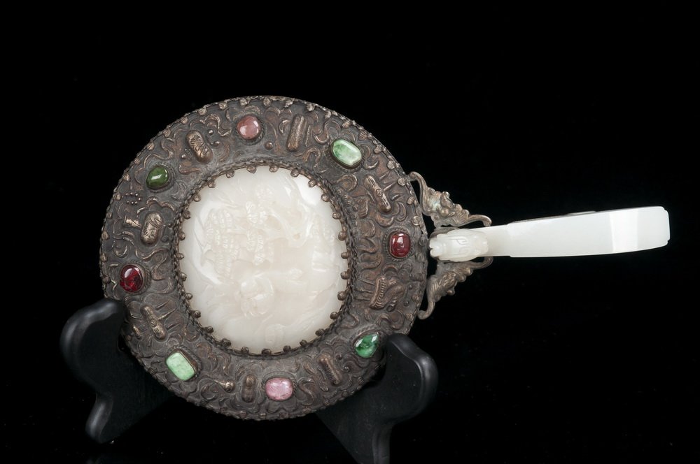 CHINESE JADE & SILVER HAND MIRROR (1 of 8)