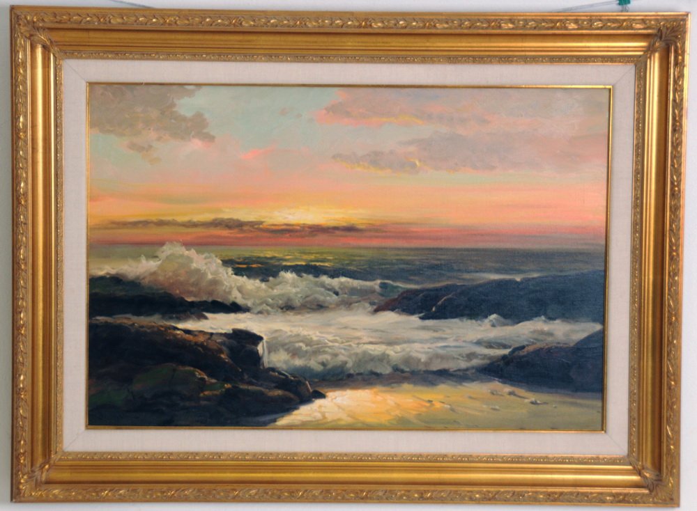 ROBERT WOOD: "GOLDEN SUNSET": oil on canvas and signed lower left titled and stamped verso 24 x 36 inches