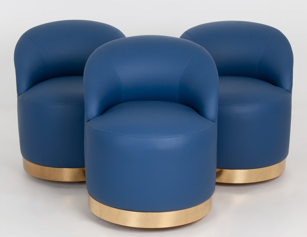 KARL SPRINGER: SET OF THREE BLUE LEATHER SWIVEL CHAIRS (1 of 7)