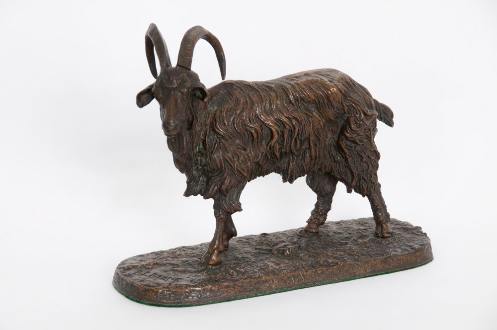 PIERRE JULES MENE: "RAM": circa 1844 bronze group signed and dated in the casting 9 1/2 inches wide; 8 inches high