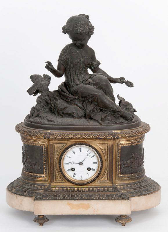 FRENCH BRONZE & GILT BRONZE FIGURAL MANTLE CLOCK (1 of 9)