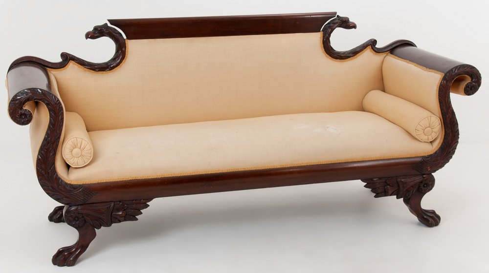 AMERICAN EMPIRE MAHOGANY SOFA: attributed to Duncan Phyfe with scrolled arms and back above an upholstered body and paw supports Provenance: Elihu B. Washburne, Congressman from Illinois, Secretary of State and Minister to France u