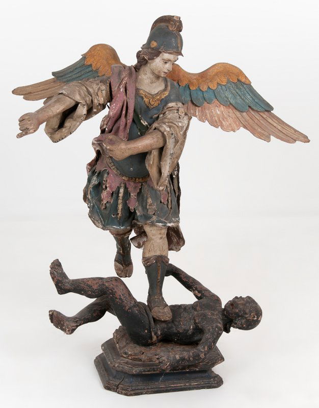 SPANISH COLONIAL CARVED & PAINTED FIGURE OF ST. MICHAEL (1 of 10)