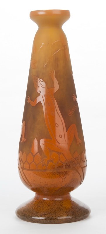 SCHNEIDER GLASS CO. ART GLASS VASE: the thick mottled glass body with a very thin polished overlay depicting reptiles in contrasting orange colors inscribed Charder 15 3/4 inches high