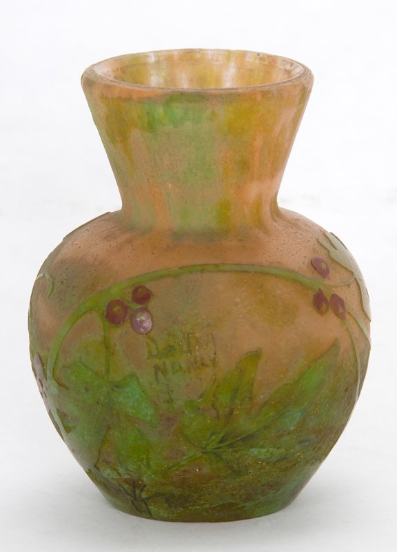SMALL DAUM CAMEO GLASS BUD VASE: depicting a vine with red berries on a pale peach ground 3 1/4 inches high