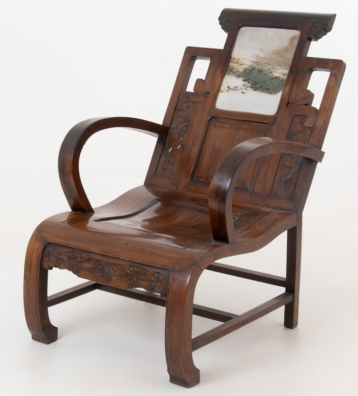 CHINESE ROSEWOOD ARMCHAIR WITH INSET TILE PANEL