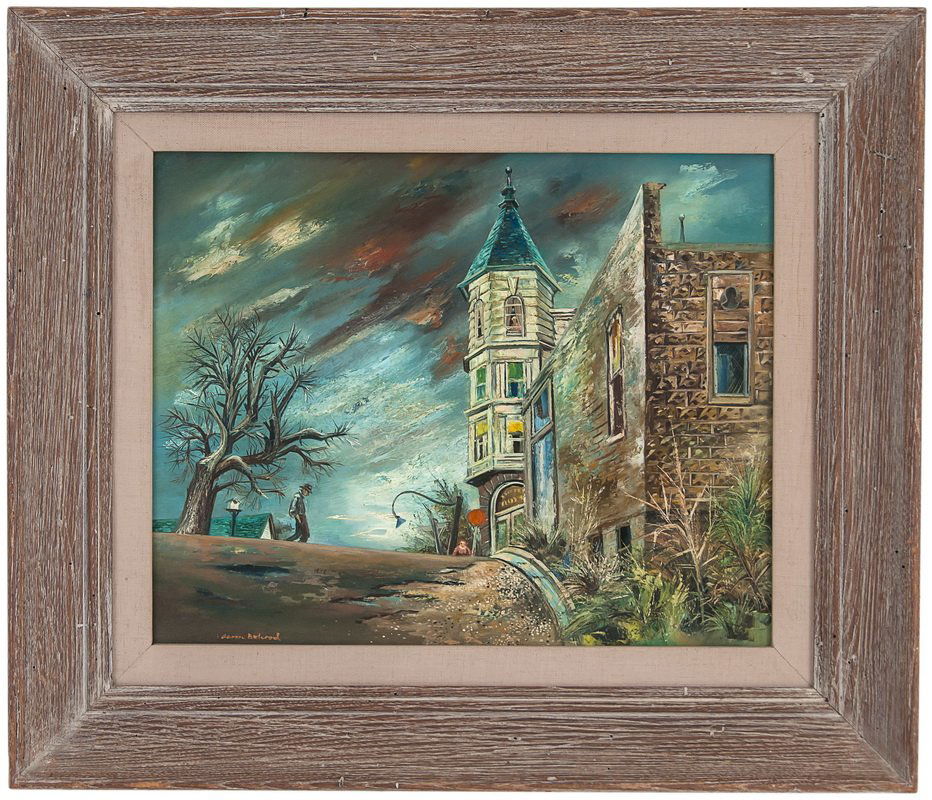 AARON BOHROD: "HOUSE & STORMY SKY": oil on board signed lower left 16 x 20 1/4 inches