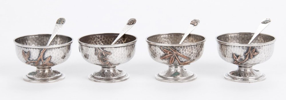 FOUR DOMINICK & HALFF STERLING & MIX METAL SALT CELLARS: with matching salt spoons 6 total troy ounces