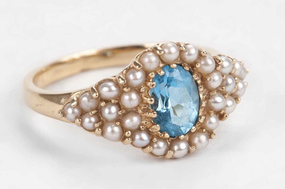 14 KARAT BLUE ZIRCON  & SEED PEARL RING (1 of 5)