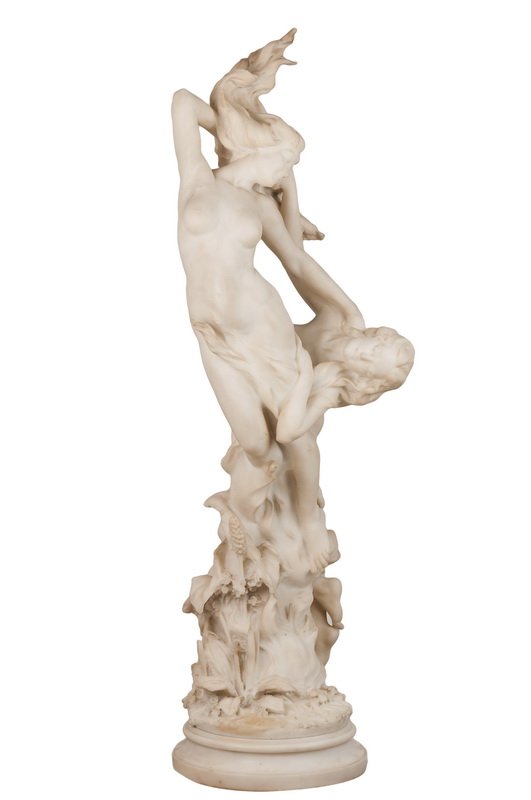 VITTORIO CARADOSSI: "NEREIDS": carved marble group inscribed Prof. V. Caradossi Condition: the base secured to a carved alabaster pedestal, the pedestal with crack and damage. The neireds statue in good condition with areas of hand
