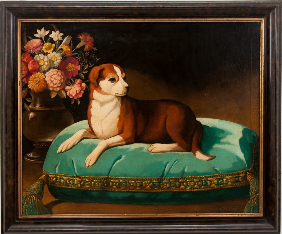 WILLIAM SKILLING: "DOG ON A PILLOW": oil on canvas signed lower right 24 x 29 1/2 inches
