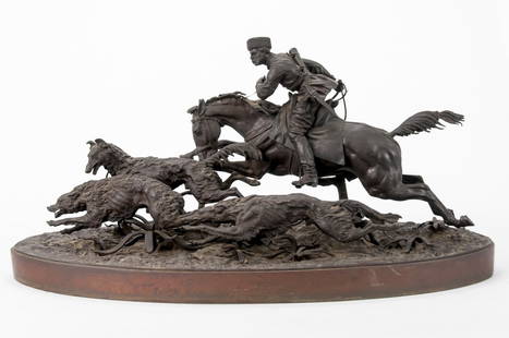 NIKOLAI IVANOVICH LIBERICH: "COSSACK HUNTER WITH: bronze group with brown patina inscribed in Cyrillic in casting and manufactured mark "Woerffel, St. Petersbourg" Provenance: Cooper Family Trust, Anaheim 22 inches wide; 11 1/2 inches high