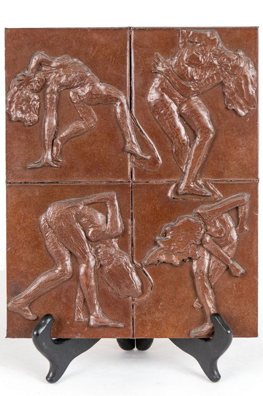 ROBERT GRAHAM: "FOUR DANCING FIGURES": circa 2003 bronze plaque with brown patina signed, dated, and inscribed on the verso, "For Dancin' Bob, R. Graham, 03" 9 1/2 x 8 inches