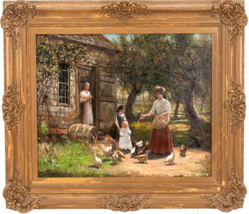 PERCIVAL DE LUCE: "FEEDING THE CHICKENS": oil on canvas signed lower left 24 x 20 inches