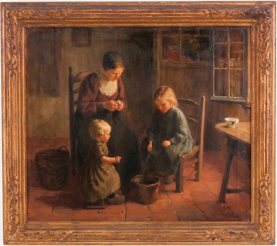 BERNARD POTHAST: "MOTHER & CHILDREN": oil on canvas signed lower right 26 x 30 inches