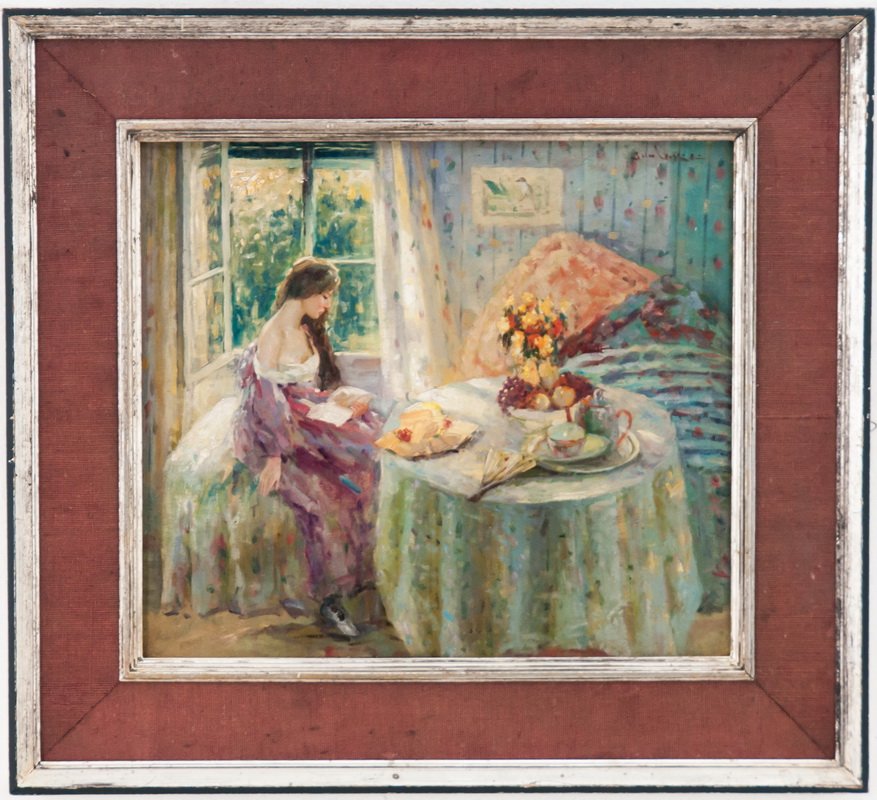 JANOS CZENCZ: "WOMAN SEATED BY THE WINDOW": oil on board signed upper right 14 x 15 1/4 inchesa still life painted verso
