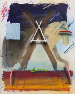 JAMES HARVARD: "CHICKASAWS": circa 1976 acrylic on paper signed and dated lower right Provenance: with labels verso from Hanson-Cowles Gallery, Minneapolis and Janus Gallery, Venice CA 40 x 30 inches