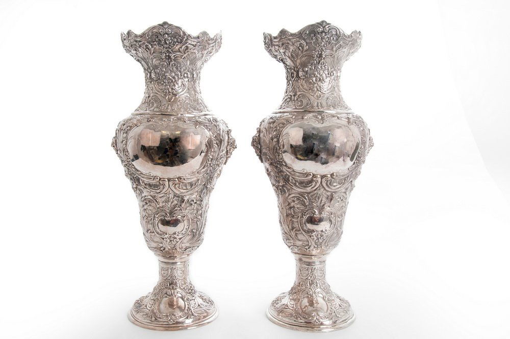 PAIR OF REPOUSSE STERLING VASES (1 of 10)