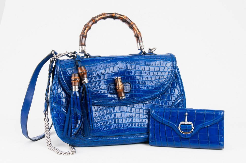 GUCCI BAMBOO COLLECTION BLUE CROCODILE EMBOSSED HANDBAG (1 of 10)