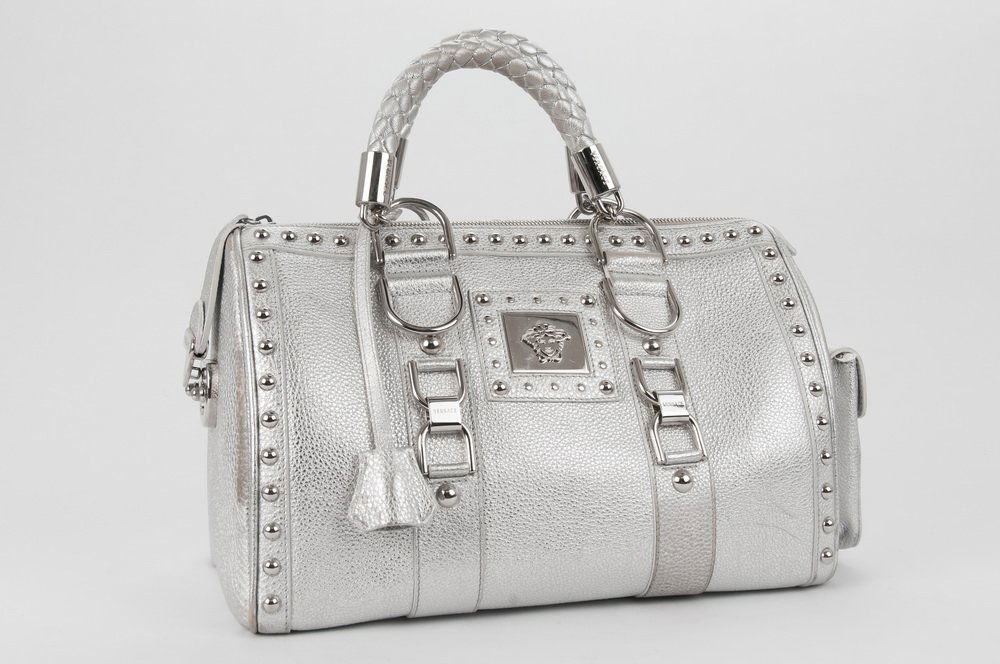 VERSACE PEBBLED LEATHER BOSTON BAG IN SILVER (1 of 9)