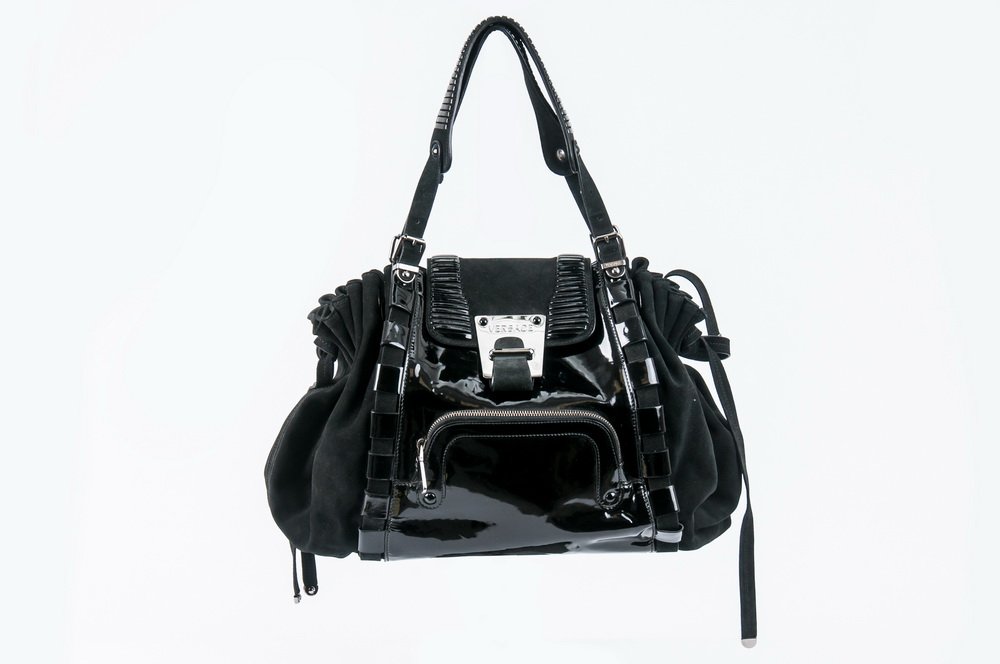 VERSACE BLACK PATENT LEATHER AND SUEDE HANDBAG WITH (1 of 8)