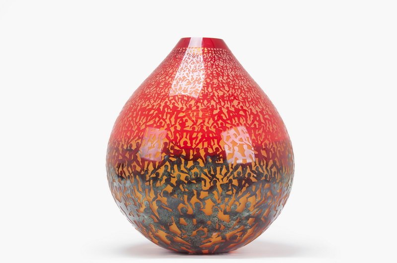 DUNCAN MCCLELLAN: OVOID RED BLOWN & ETCHED GLASS URN: blown, layered and etched glass 16 1/2 inches high; 14 inches diameter