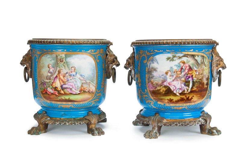 PAIR OF FRENCH PORCELAIN & BRONZE MOUNTED CACHE POTS (1 of 10)