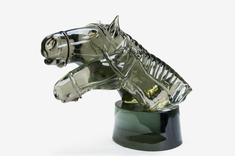 LOREDANO ROSIN: BUST OF TWO HORSES: etched L. Rosin colorless & polychrome opaque glass sculpture 19 inches wide;15 inches high