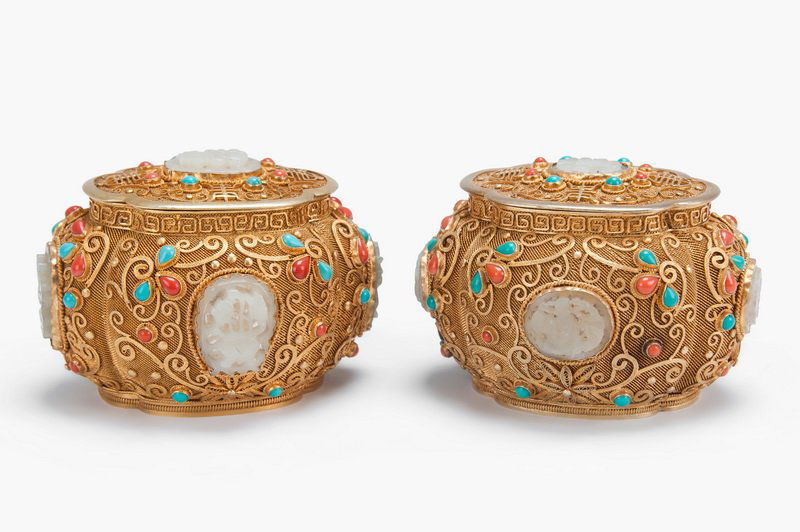PAIR OF CHINESE GILT SILVER, WHITE JADE, & (1 of 10)