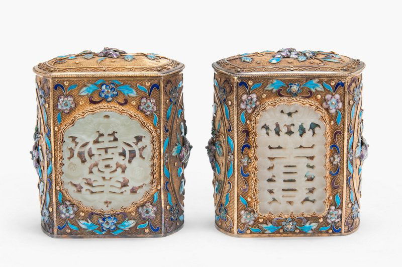 PAIR OF CHINESE GILT SILVER, ENAMEL, & JADE TEA CADDIES (1 of 6)