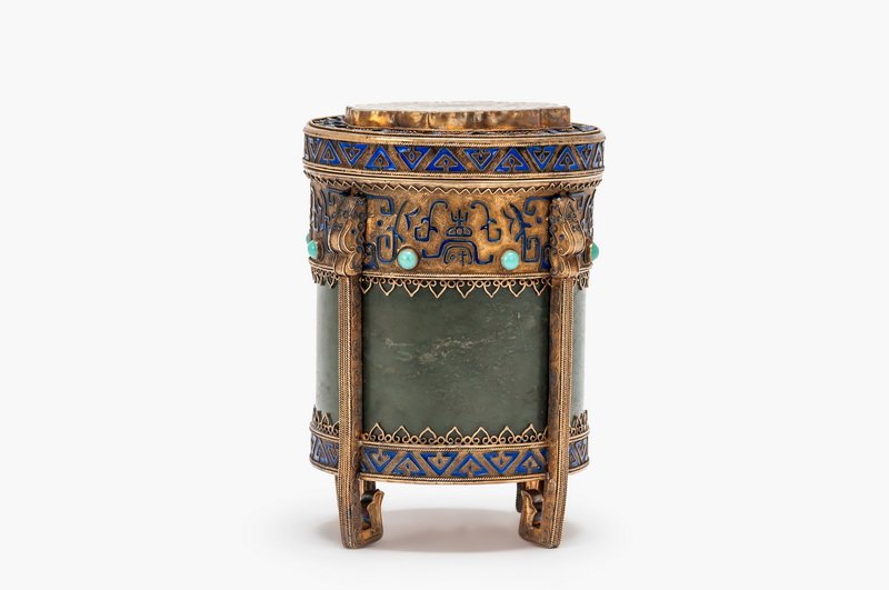 CHINESE GILT SILVER, ENAMEL, & JADE BOX (1 of 9)