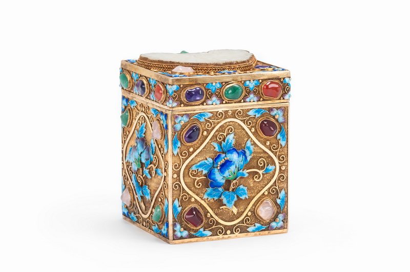 CHINESE GILT SILVER, WHITE JADE, & STONE COVERED BOX (1 of 7)