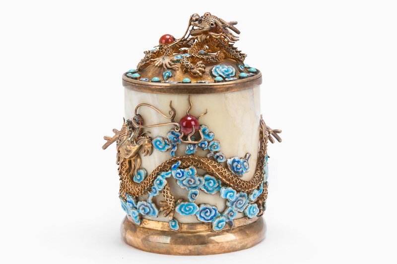 CHINESE ENAMELED GILT SILVER & STONE COVERED BOX (1 of 10)