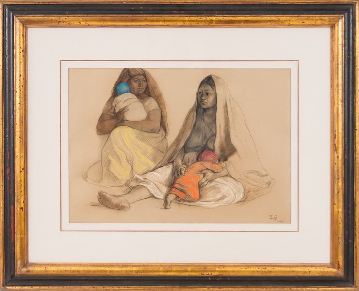FRANCISCO ZUNIGA: "TWO MOTHERS": circa 1980 pastel signed and dated lower right Provenance: The Estate of Millard Sheets; Millard Sheets traveled to Mexico to acquire the painting directly from his friend Francisco Zuniga; email corr