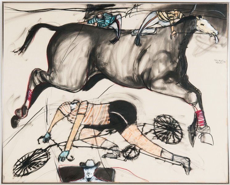 FELIX ANGEL: "HORSE, CYCLIST, AND COWBOY": circa 1980 pastel and gouache signed and dated center right 31 1/2 x 40 inches