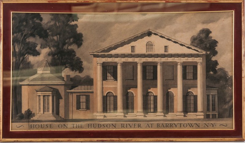 HAROLD STERNER: "HOUSE ON THE HUDSON RIVER AT: watercolor on paper signed lower left and titled along lower border Provenance: The Estate of Gore Vidal 14 1/2 x 27 1/2 inches
