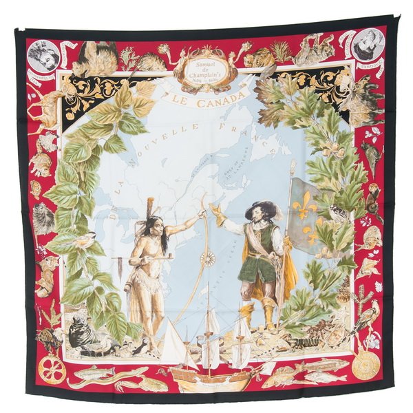 HERMES "LE CANADA" SCARF: silk scarf depicting Samuel de Champlain and the New France; with box designed by Kermit Oliver 35 inches x 35 inches