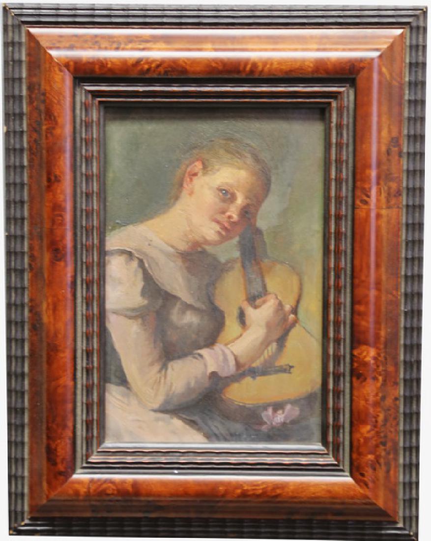 ARMIN GLATTER: "WOMAN WITH GUITAR": circa 1904 oil on wood Provenance: Waterhouse & Dodd, London 8 1/8 x 5 3/8 inches (sight)