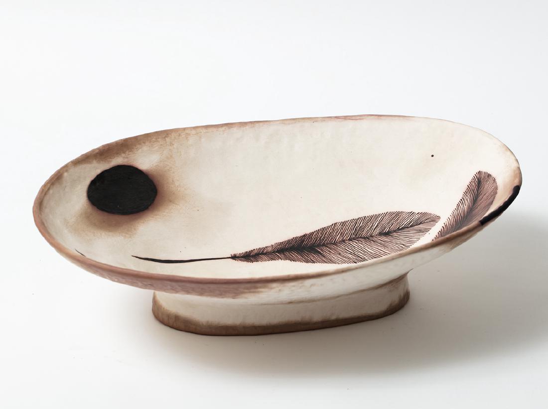 John Crawford: Large Feather Bowl glazed earthenware signed and dated 2005 150 x 630 x 405mm Provenance: Purchased from the Arthouse Gallery, Christchurch, 2 October 2008.