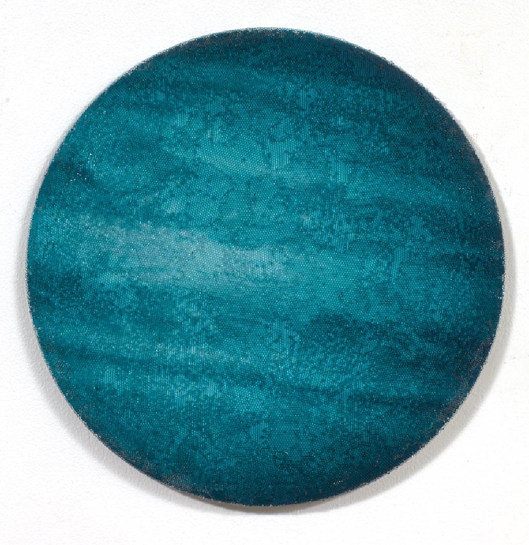 Elizabeth Thomson: Le Planete Sauvage No. 7 glass spheres, sublimated vinyl, epoxy resin, laquer and acrylic on carved wooden disk title inscribed, signed and dated 2010 verso 300mm Diameter