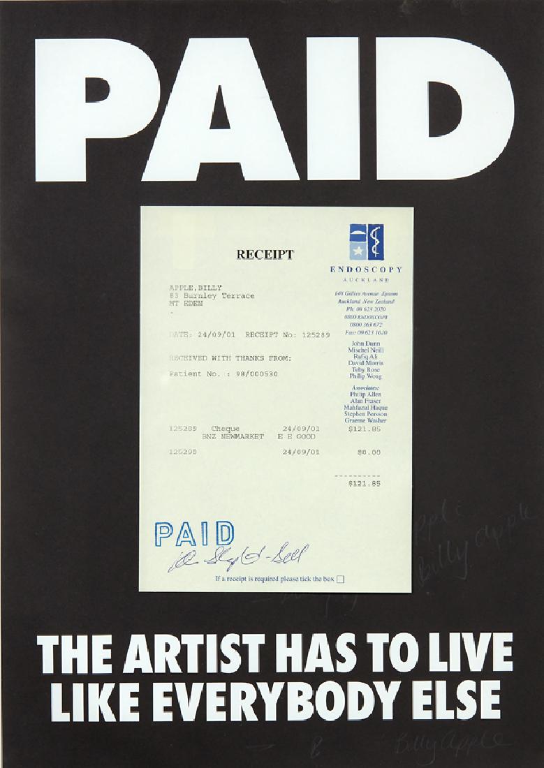 Billy Apple: PAID screenprinted poster together with receipt signed 415 x 295mm
