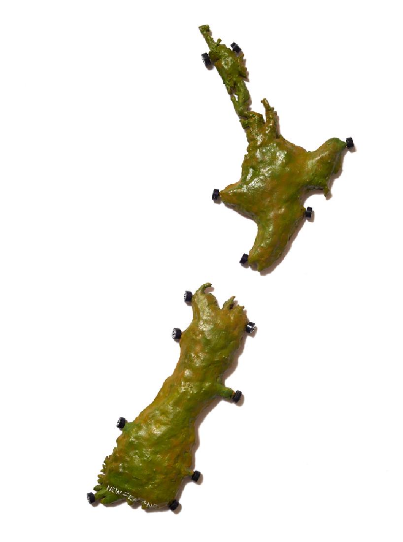 Francis Upritchard: New Zealand on Wheels modelling material and model car wheels, 2003 title inscribed 470 x 250 x 20mm